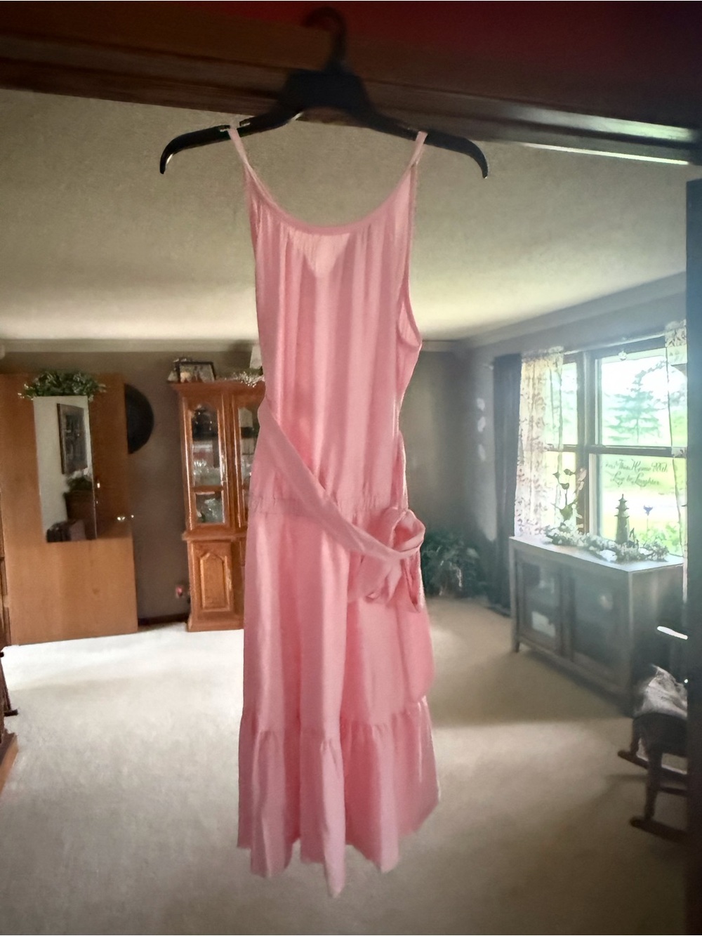 Women's Pink Midi Slip Dress with Waist Tie